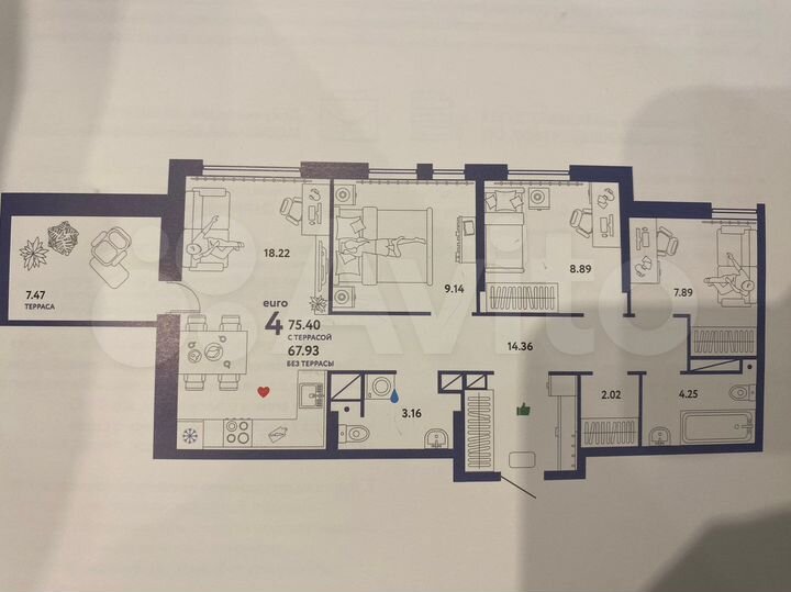 4-к. квартира, 76,4 м², 14/25 эт.