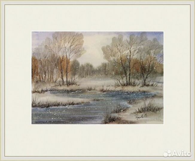 Картина акварелью,зима,зимний пейзаж