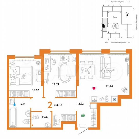 2-к. квартира, 63,3 м², 17/25 эт.