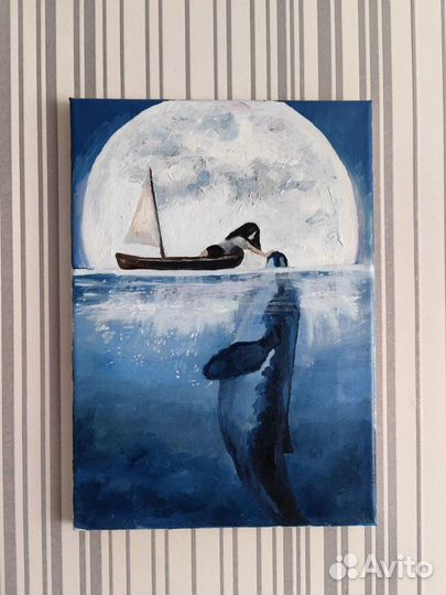 Интерьерная картина, девочка и кит, масло 30х40