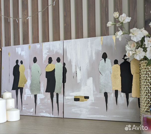 Диптих. Картина для интерьера 98х49 Золотые люди