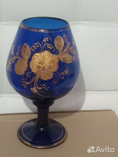 Ваза бокал синее стекло с золотом СССР