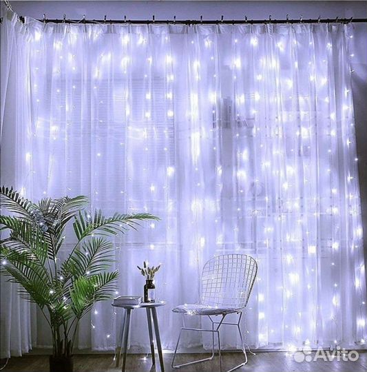 Гирлянда-штора светодиодная 3х3м+удлинитель 3м