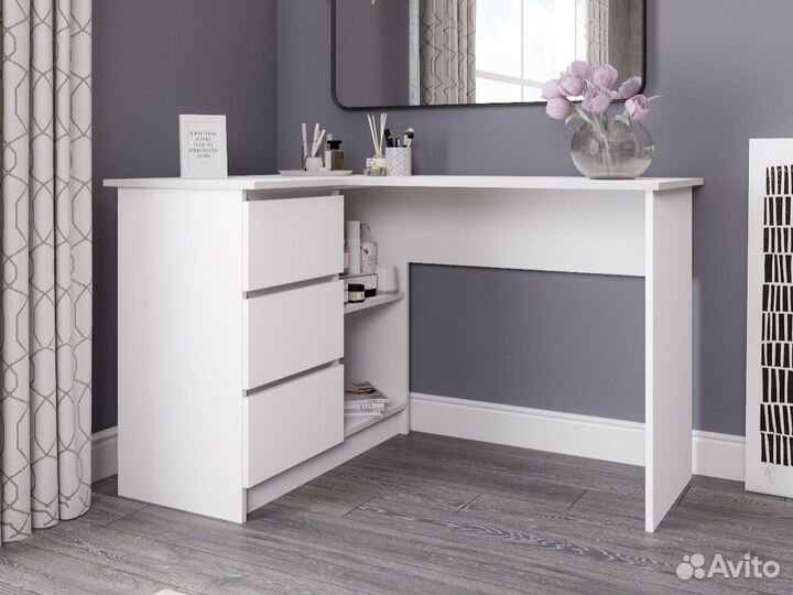 Белый угловой письменный стол с тумбой и 3 ящиками