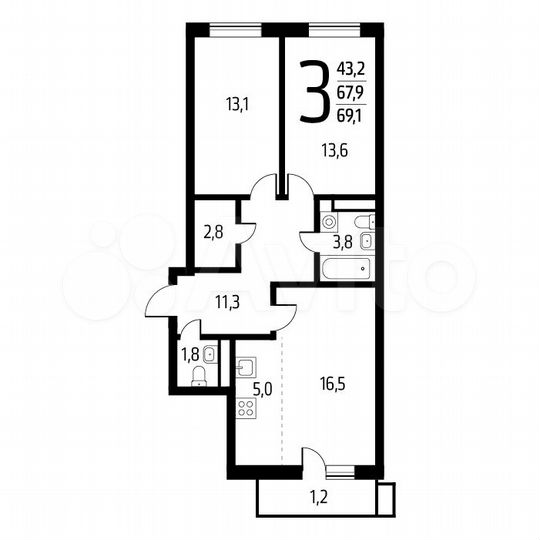 3-к. квартира, 69,1 м², 4/9 эт.