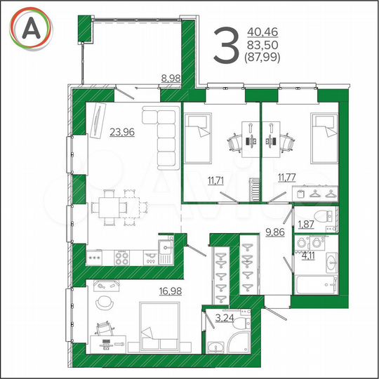 3-к. квартира, 88,7 м², 2/10 эт.