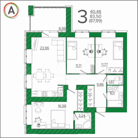 3-к. квартира, 88,7 м², 2/10 эт.