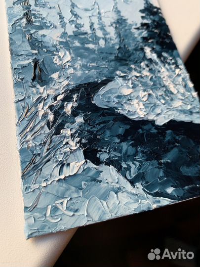 Картина маслом зимний пейзаж горная река