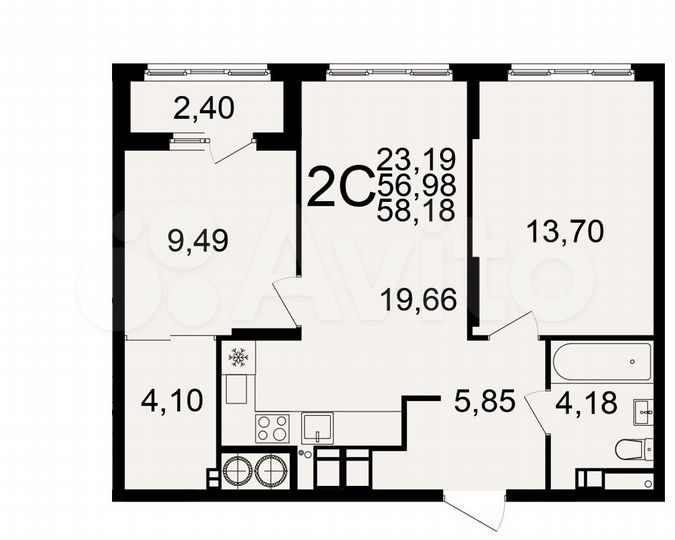 2-к. квартира, 58,2 м², 11/25 эт.