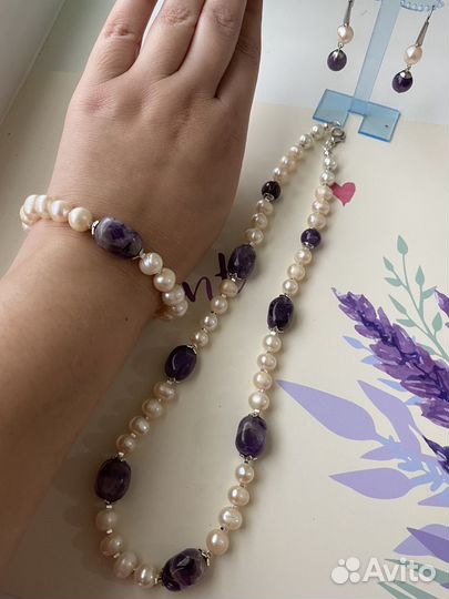 Комплект из жемчуга и аметиста