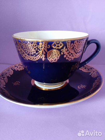 Чайная пара Золотой фриз, кобальт, лфз