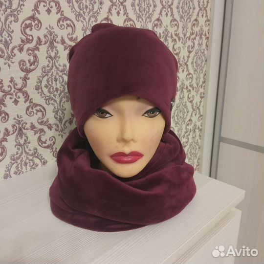 Набор велюровый шапка + снуд, размер на 56-58