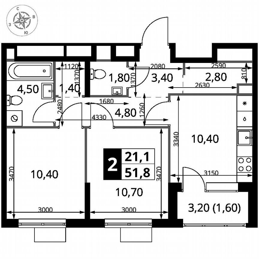2-к. квартира, 51,8 м², 16/17 эт.