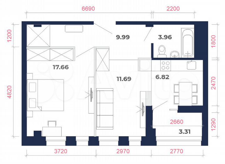 2-к. квартира, 53,4 м², 5/9 эт.