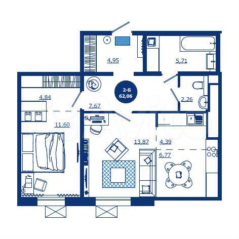 2-к. квартира, 62 м², 5/17 эт.