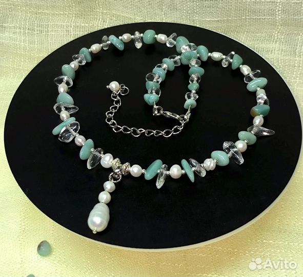 Колье из натурального жемчуга, амазонита и хрустал