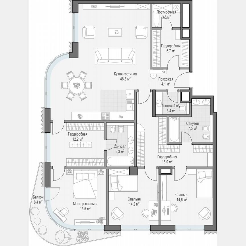 3-к. квартира, 160,2 м², 8/14 эт.