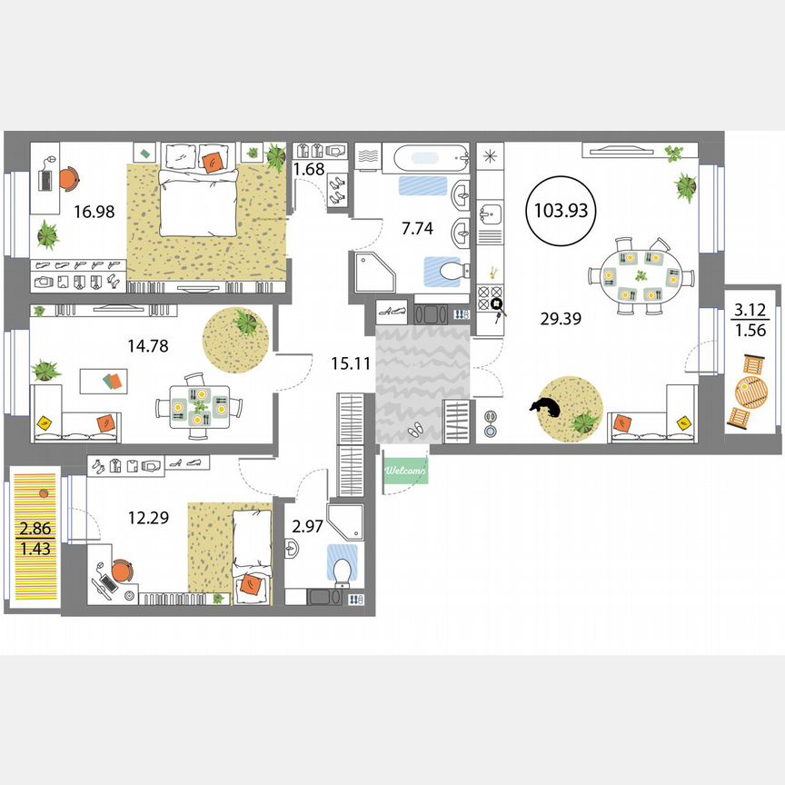 3-к. квартира, 103,9 м², 4/12 эт.