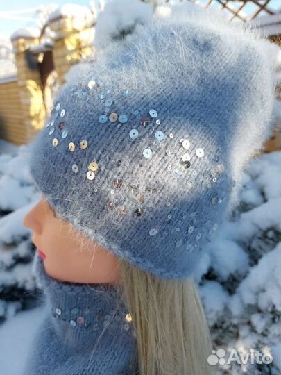 Шапка-бини из пуха норки с пайетками