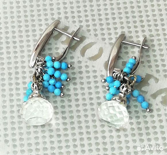 Серьги юв.сплав горный хрусталь, бирюза С571