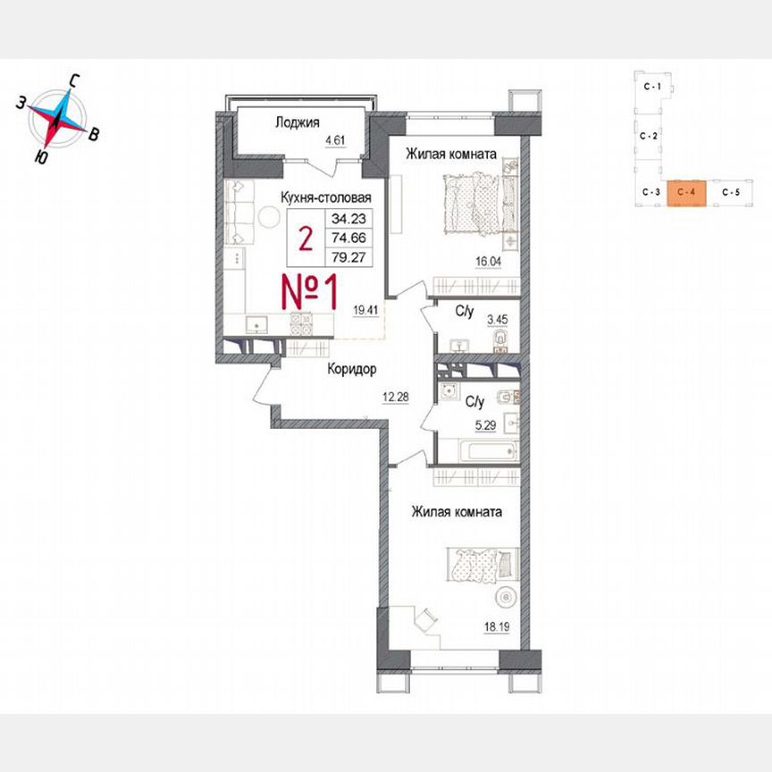 2-к. квартира, 79,8 м², 2/7 эт.