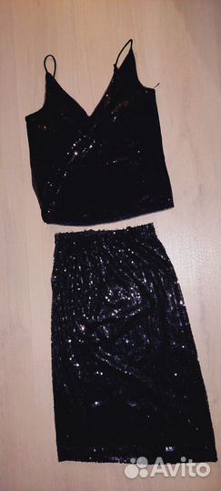 Блестящий комплект, юбка и топ с пайетками