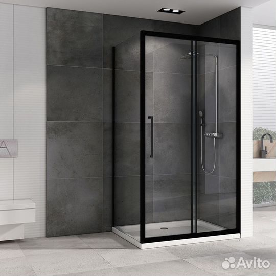 Душевой уголок 110х70, черный, стекло прозрачное