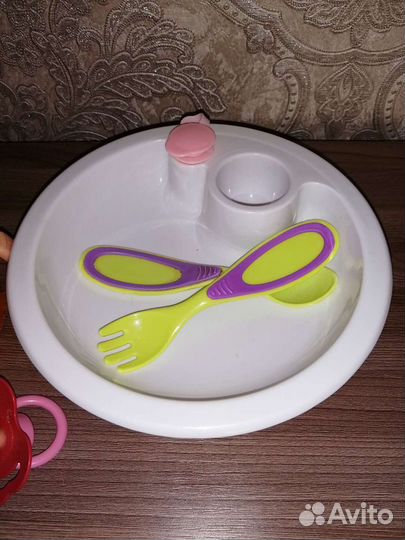 Тарелка с подогревом, поильник, вилка, ложки