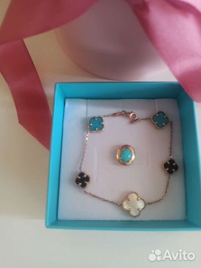 Браслет золотой 585 клевер с бирюзой