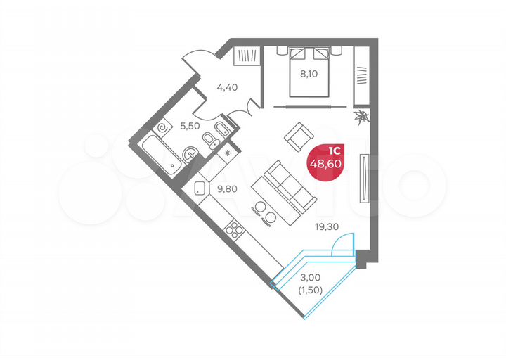 Квартира-студия, 48,6 м², 3/8 эт.