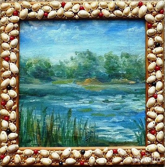 Картина 32 х 32 см, холст, рамка, ракушки