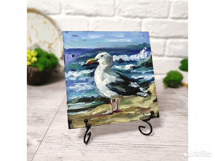Картина чайка, морская птица, картина маслом 20х20