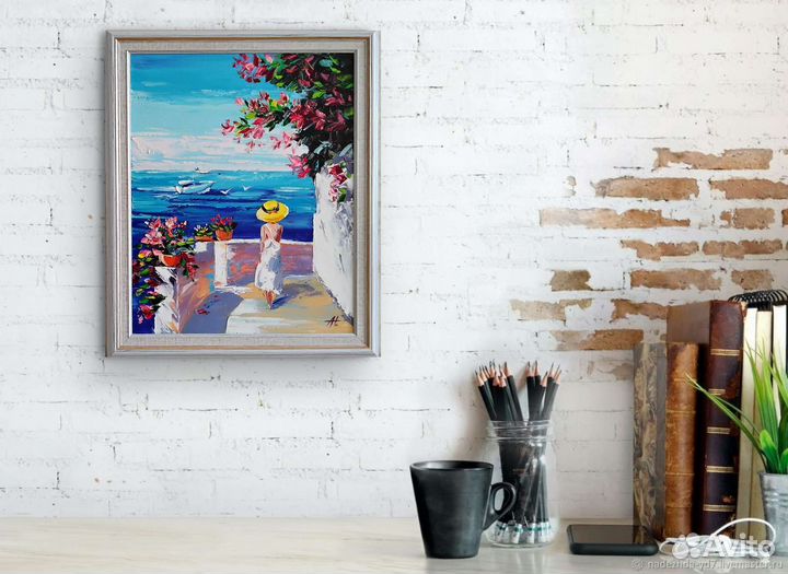 Картина холст масло море лето девушка 48*58