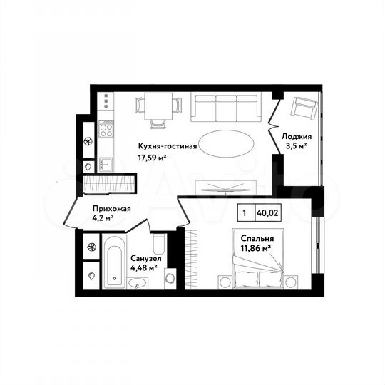 1-к. квартира, 40 м², 16/25 эт.