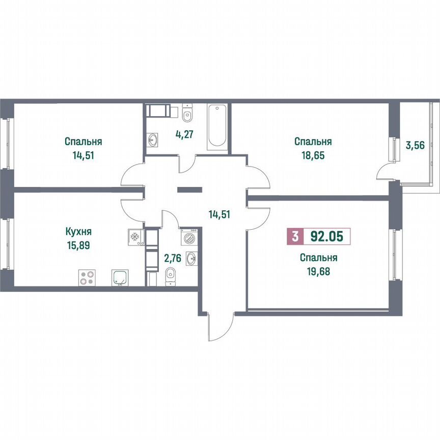 3-к. квартира, 92,1 м², 11/16 эт.