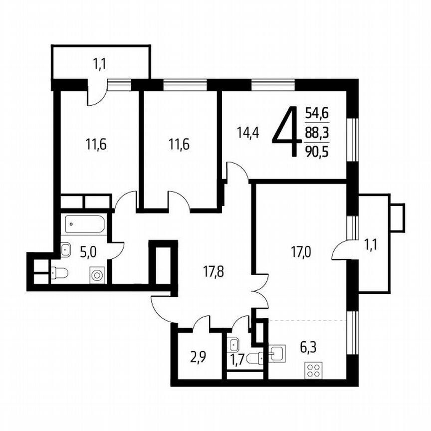 4-к. квартира, 90,5 м², 8/9 эт.