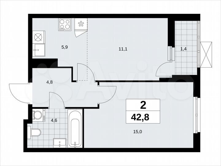 2-к. квартира, 42,8 м², 11/18 эт.