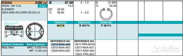 Поршни (к-т 4шт) 38175-STD teikin honda K24A