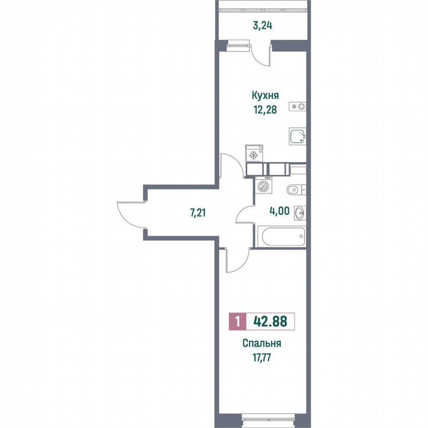 1-к. квартира, 42,9 м², 15/16 эт.