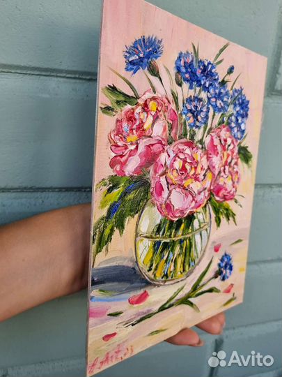 Картина маслом пионы васильки маслом цветы в вазе