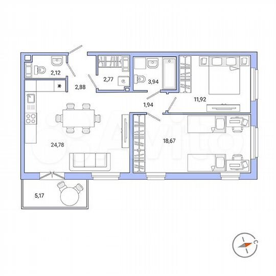 2-к. квартира, 70,6 м², 9/9 эт.