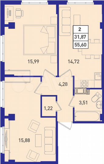 2-к. квартира, 55 м², 15/18 эт.