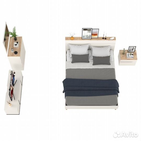 Спальный гарнитур белый Муссон с кроватью 1600 и тв-тумбой 13.276 белый/чёрный/дуб эндгрейн элегантн