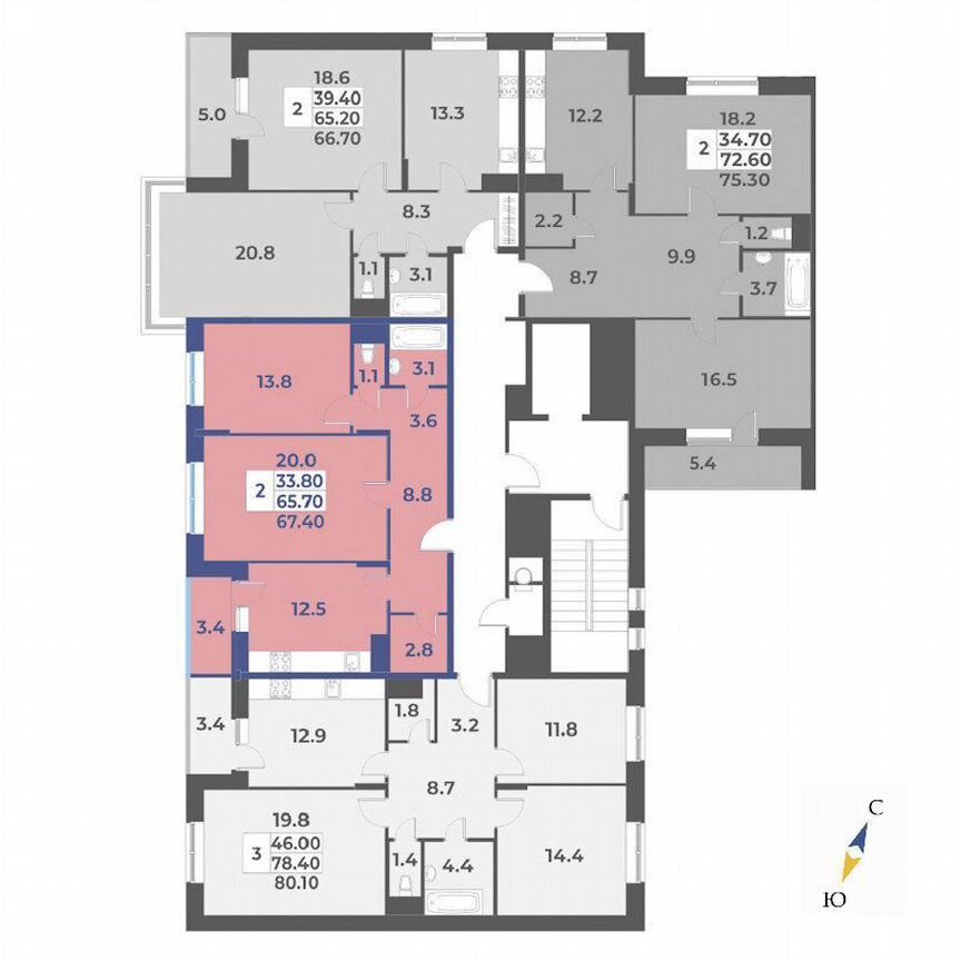 2-к. квартира, 67,4 м², 6/9 эт.