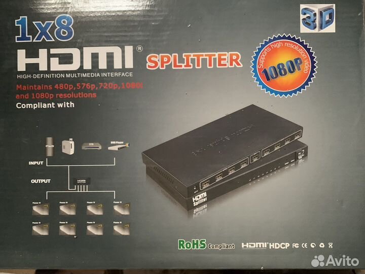 Rohs hdmi splitter 1х8 новый