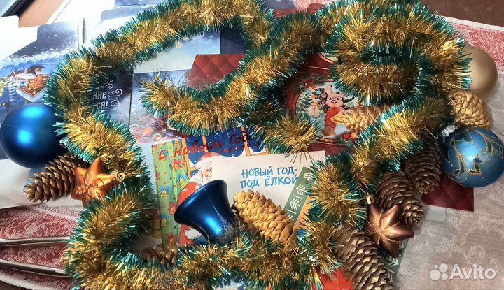 Новогодние игрушки, гирлянды, декор, откррытки