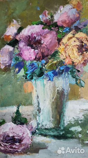 Картина маслом Натюрморт Пионы Розы Цветы 20х30