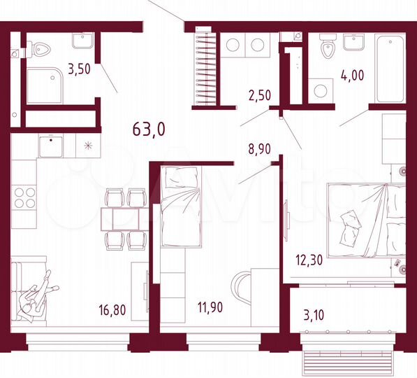 2-к. квартира, 63 м², 7/20 эт.