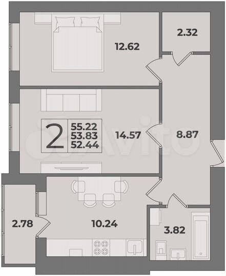 2-к. квартира, 55,2 м², 3/9 эт.