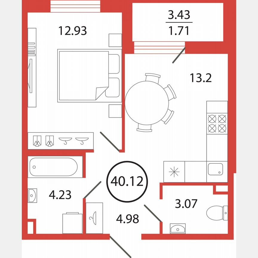 1-к. квартира, 40,1 м², 12/12 эт.